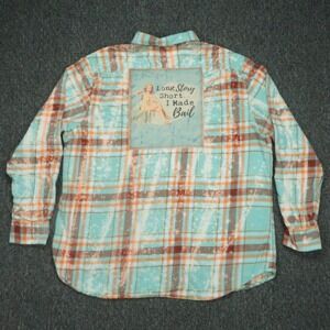 Angry Minnow Shirt Mens XXL Blue Orange Plaid Flannel Patch Embroidered 2XL
